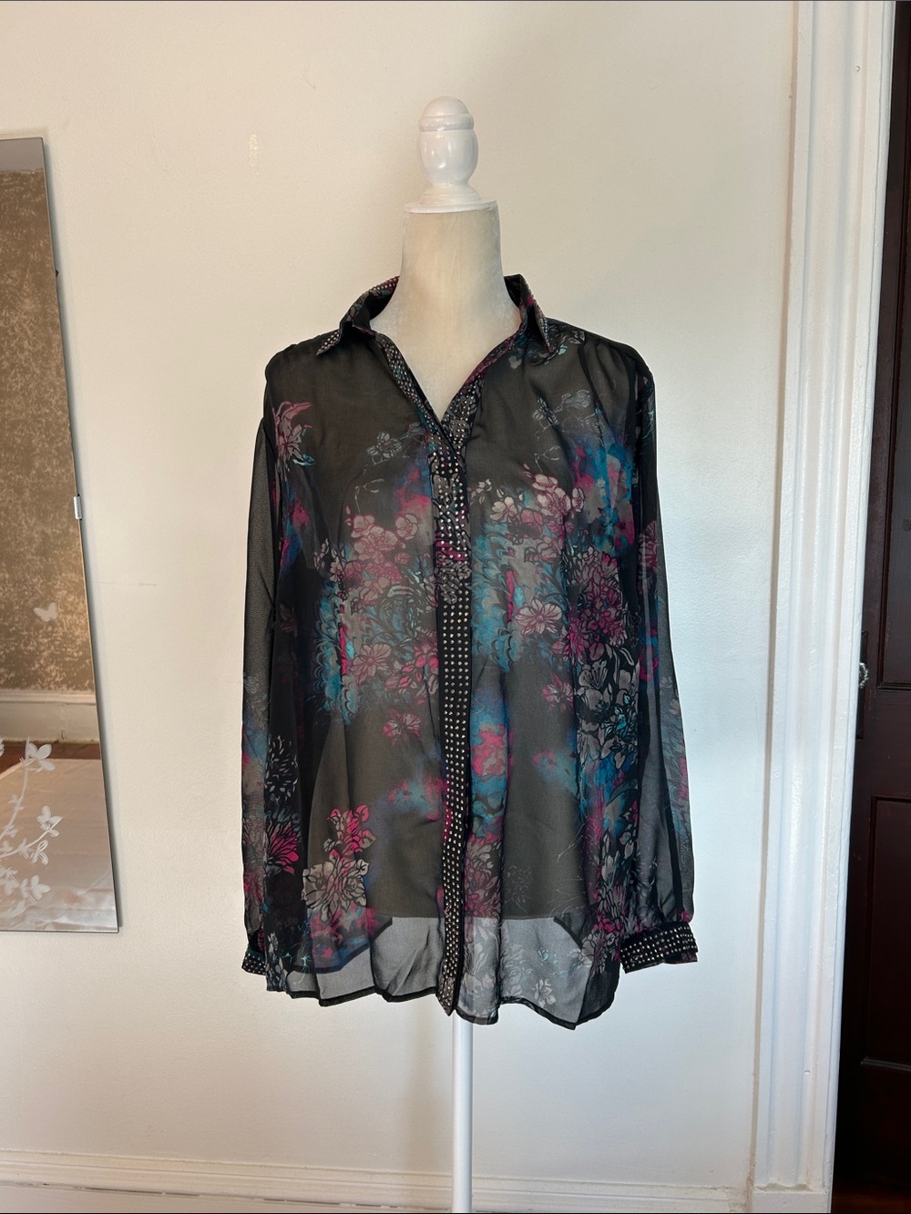 Badgley Mischka Black Sheer Floral Button-Down Blouse with Jewel Trim